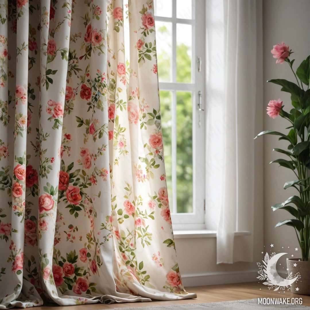 Close-up of a floral print curtain with a garden view in the background.