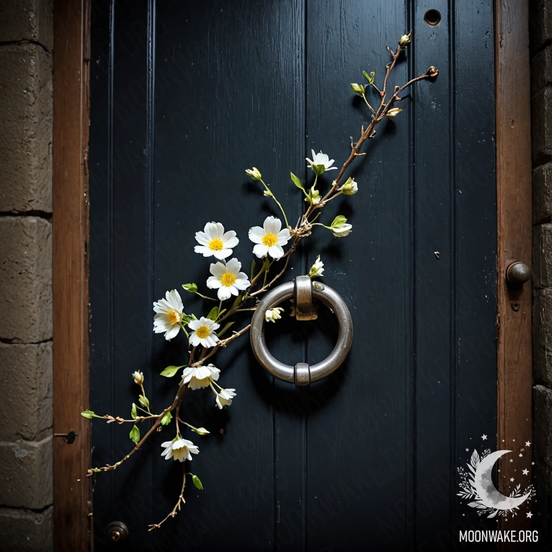 Close-up of a floral print curtain with a blooming garden in the background.