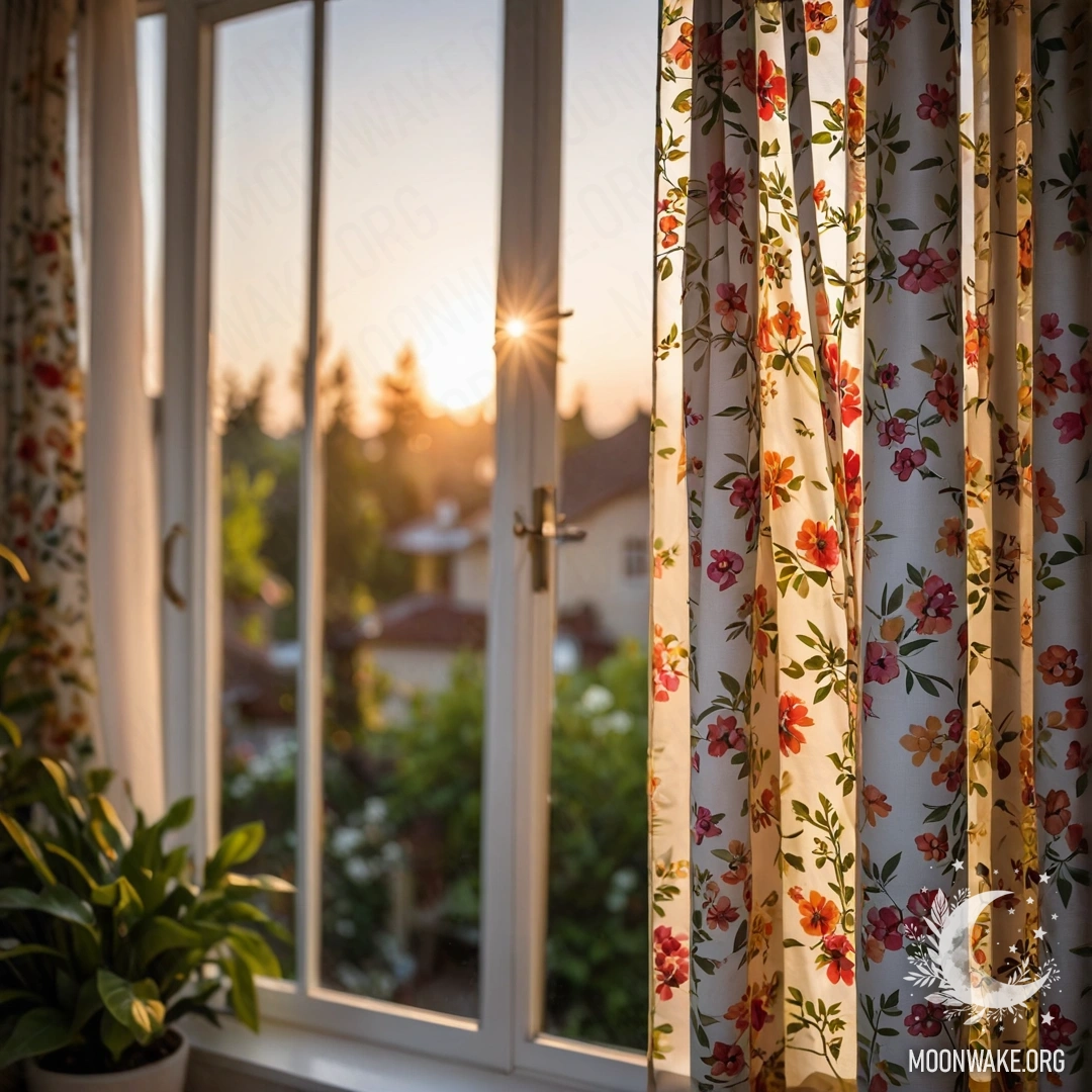 Cozy Floral Curtain with Garden View Close-up of a floral print curtain with a blooming garden view outside.