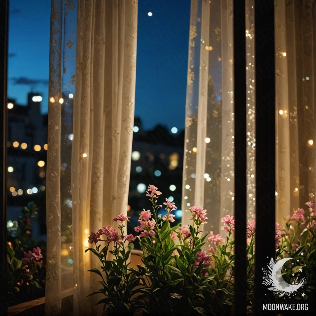 A close-up of a floral print curtain with a window behind it, and a blurred garden view outside at night.