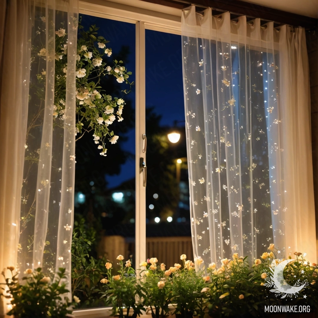 Close-up of a floral curtain with a window and a blooming garden visible outside at night.