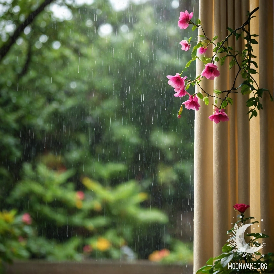 Cozy Floral Curtain with Rainy Garden View A close-up of a floral print curtain with a blooming garden outside.
