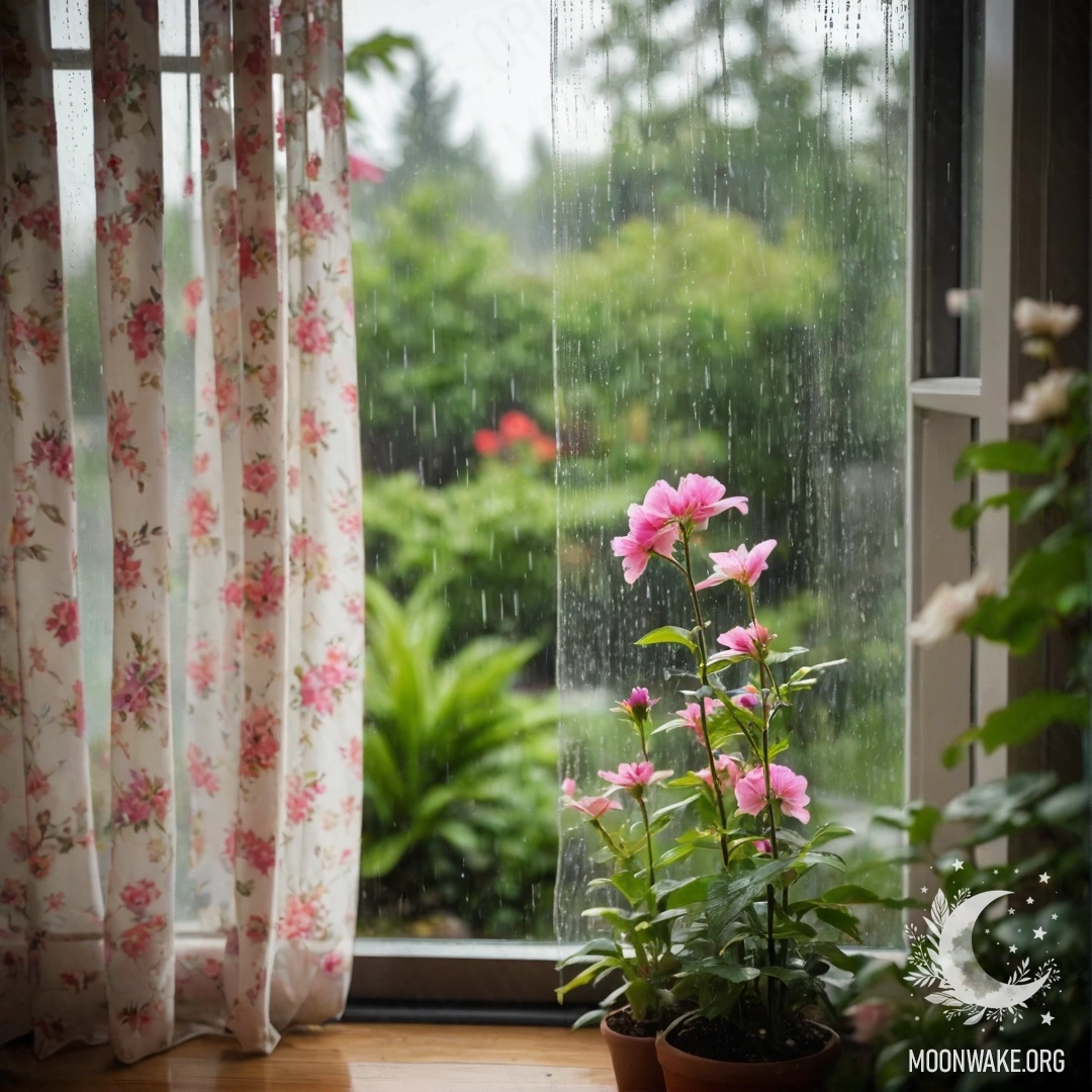 Close-up of a floral print curtain with a blurry garden view behind it.