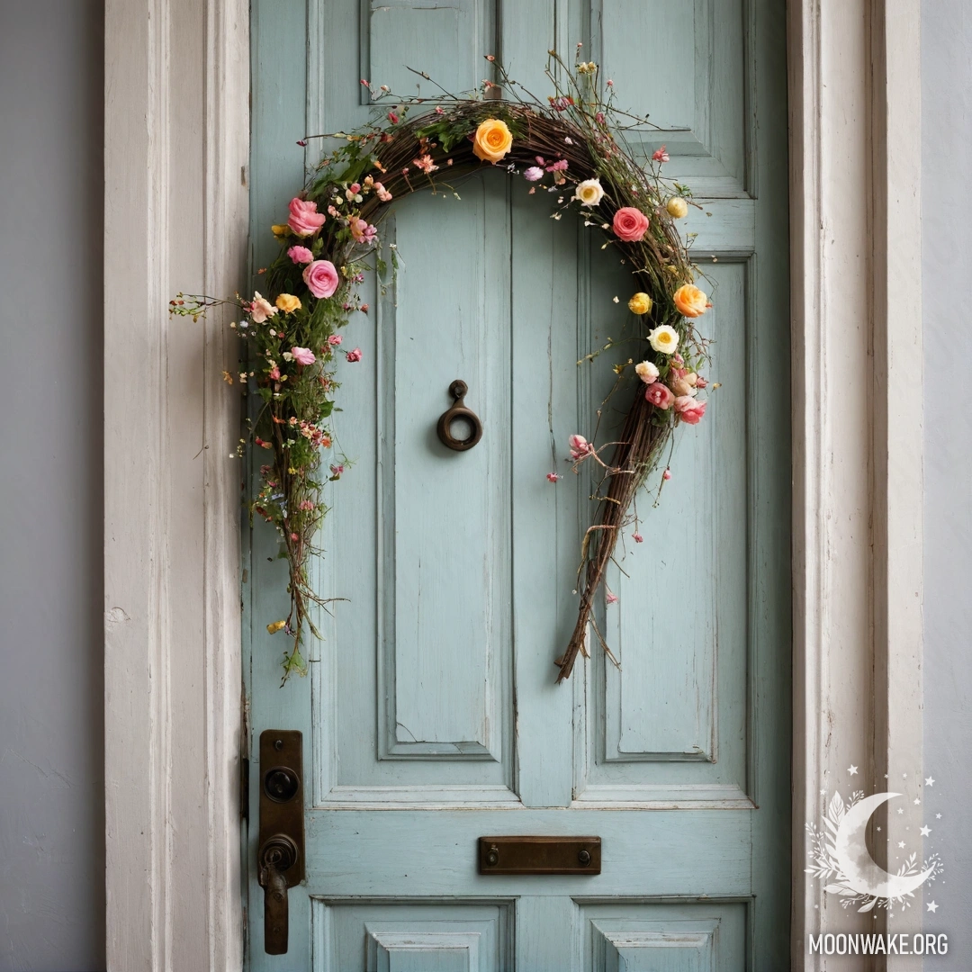 A cozy chair draped with a blanket, adorned with a bouquet of flowers and fairy lights against a shabby wall.