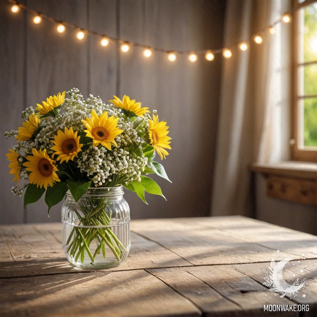 A shabby wooden table with a jar of flowers and a bokeh light background.