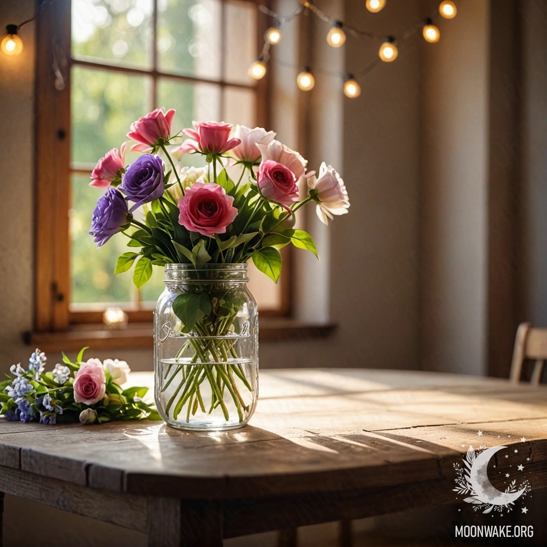 Cozy Floral Table A shabby wooden table with a jar of flowers and background bokeh.
