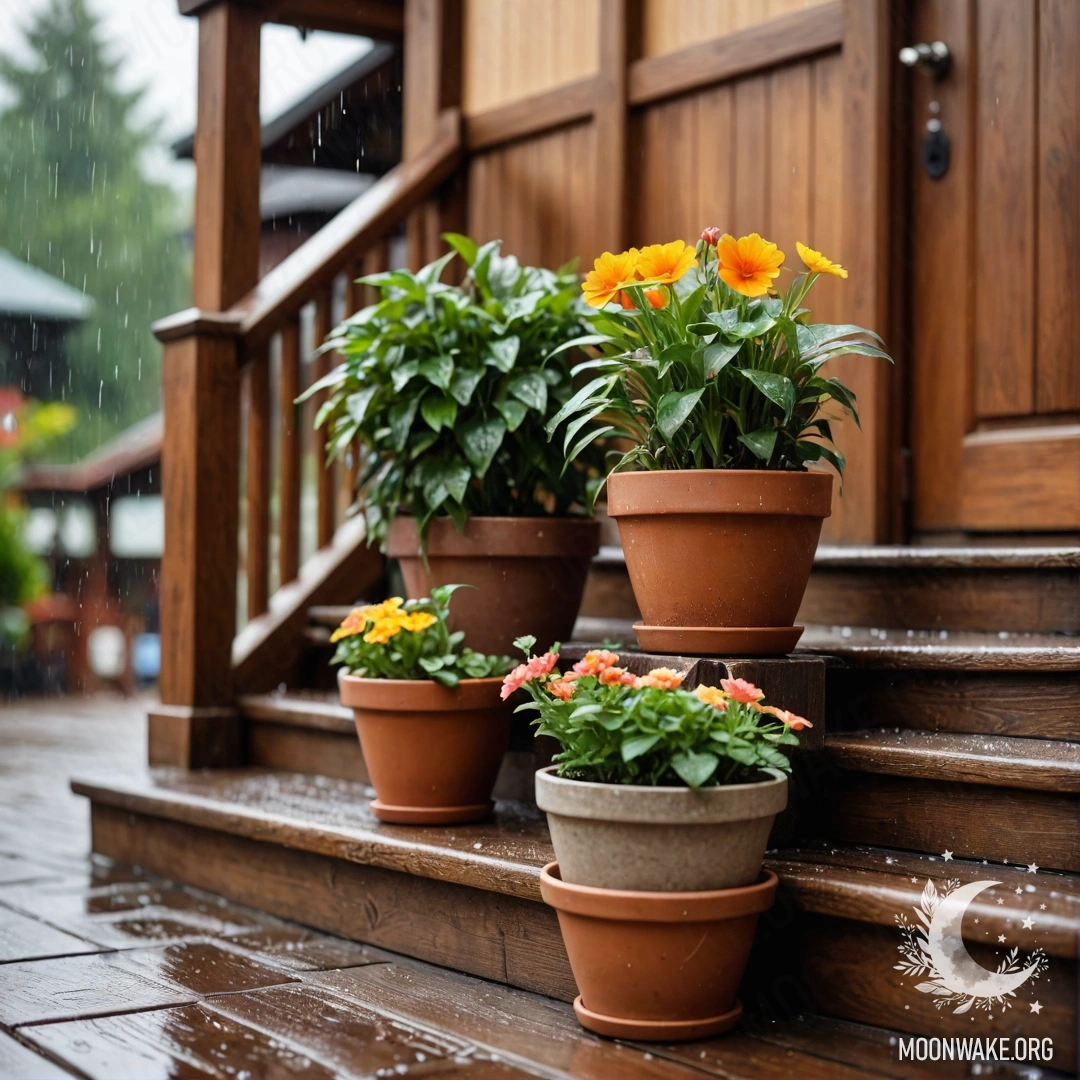 Cozy Flowerpots on a Rainy Staircase A picturesque scene featuring flowerpots on a wooden staircase under the rain.