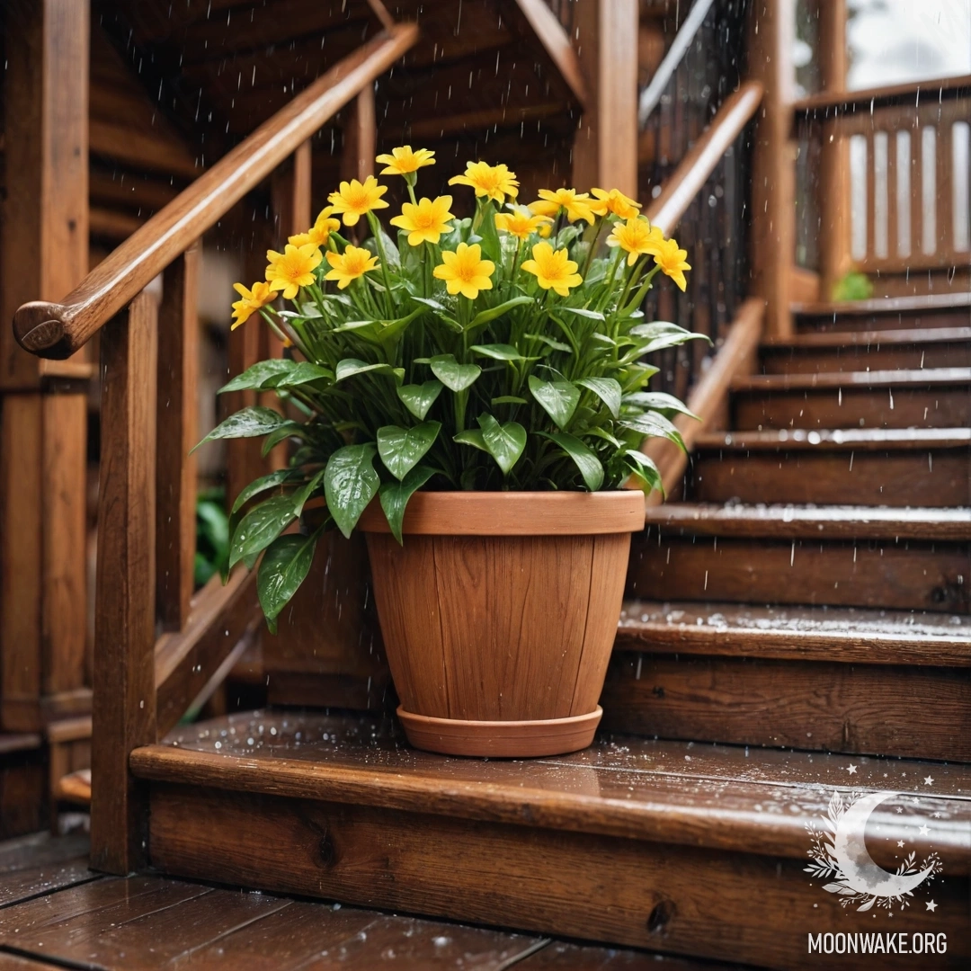 Cozy Flowerpots on a Rainy Staircase A realistic depiction of flowerpots resting on a wooden staircase under the rain.