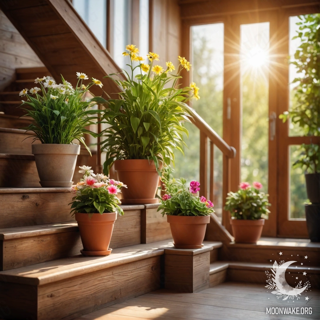 Cozy Flowerpots on a Wooden Staircase A wooden staircase adorned with flowerpots bathed in sunlight.