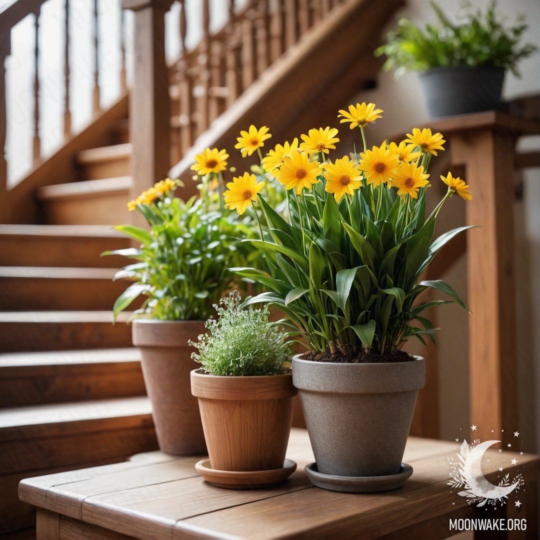 Cozy Flowerpots on a Wooden Staircase A wooden staircase adorned with flowerpots featuring lens plants.