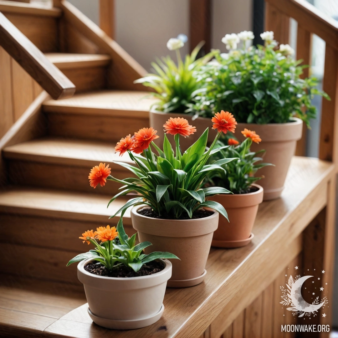 Cozy Flowerpots on a Wooden Staircase A wooden staircase adorned with flowerpots, creating a cozy atmosphere.