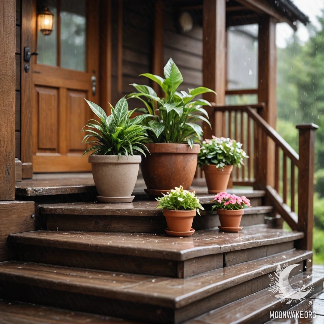 A wooden staircase adorned with flowerpots under the rain.