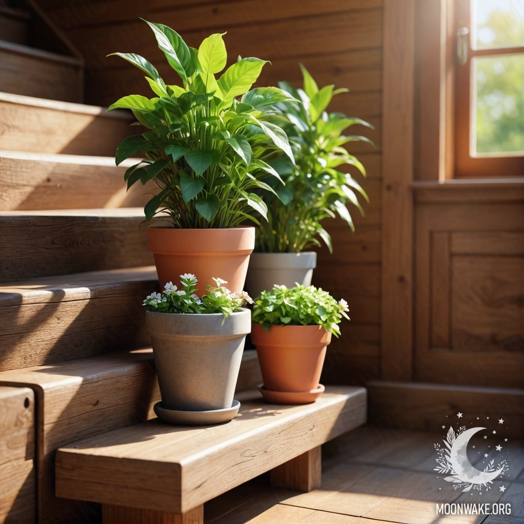 Flowerpots are arranged on a wooden staircase, illuminated by sun rays.