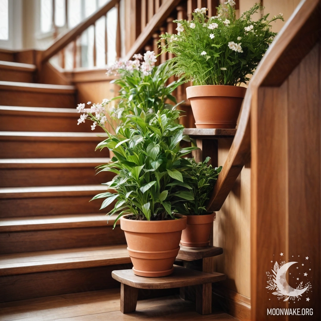 A picturesque wooden staircase adorned with vibrant flowerpots.