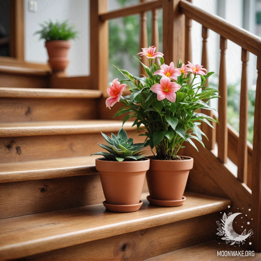 Cozy Flowerpots on Wooden Staircase A wooden staircase adorned with flowerpots, creating a cozy atmosphere.