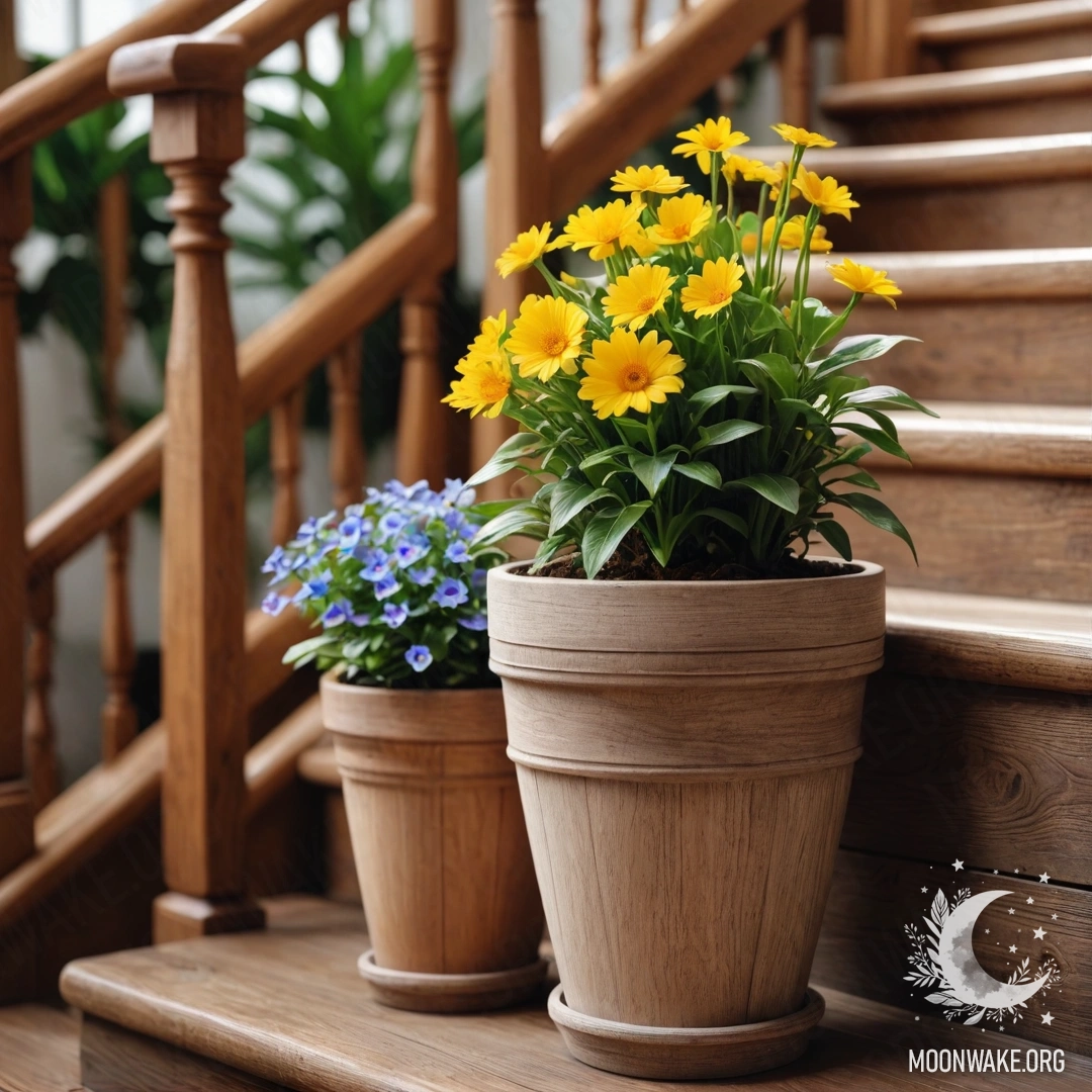 Cozy Flowerpots on Wooden Staircase A wooden staircase adorned with flowerpots filled with vibrant plants.