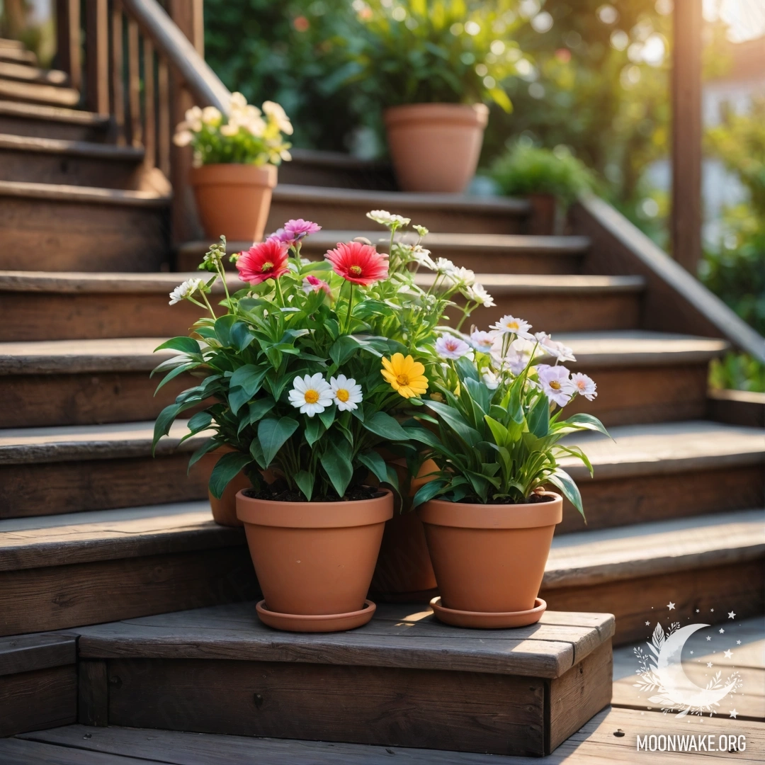 Cozy Flowerpots on a Wooden Staircase at Sunset A wooden staircase adorned with flowerpots basking in sunset light.
