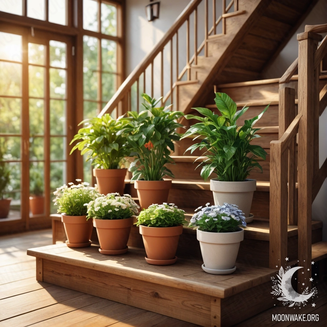 A wooden staircase adorned with vibrant flowerpots, bathed in soft sunlight.