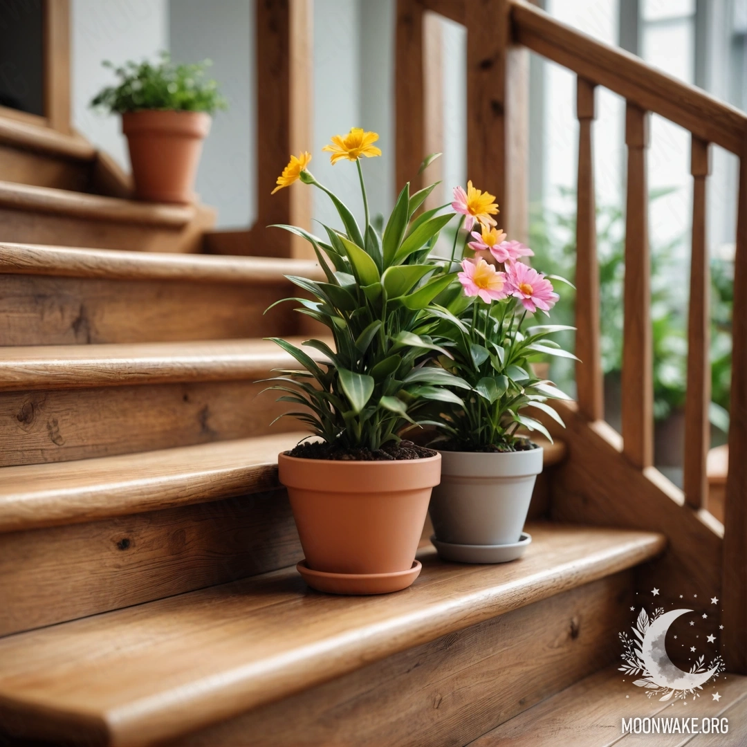 Cozy Flowerpots on a Wooden Staircase Flowerpots with lens arranged on a wooden staircase, creating a cozy atmosphere.