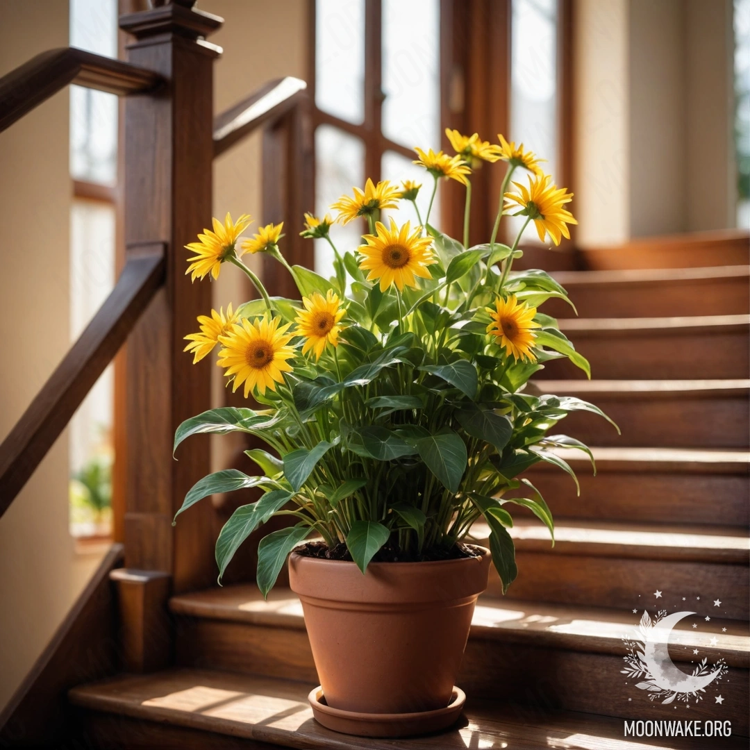 Cozy Flowerpots on a Wooden Staircase A wooden staircase adorned with colorful flowerpots illuminated by sunlight.
