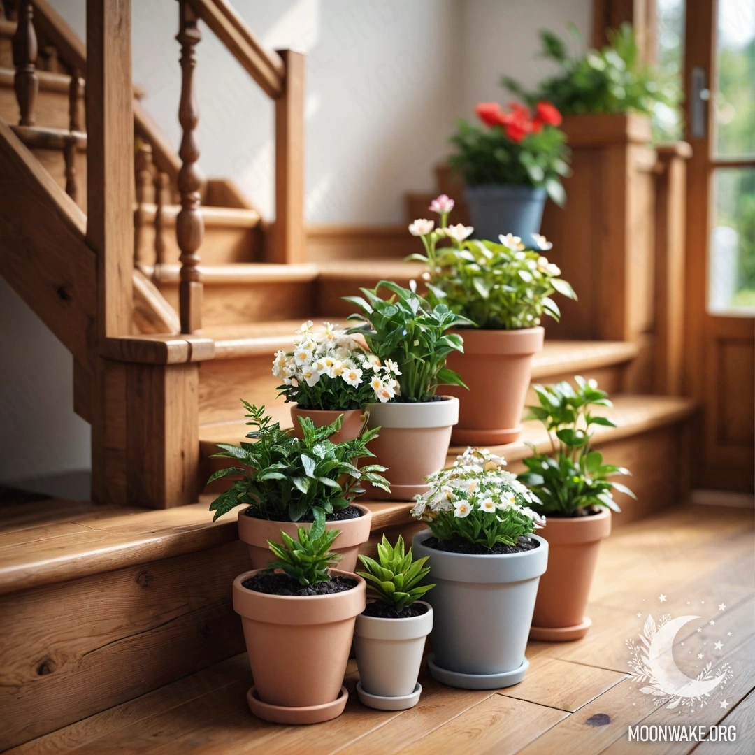 A cozy wooden staircase adorned with flowerpots and lens.