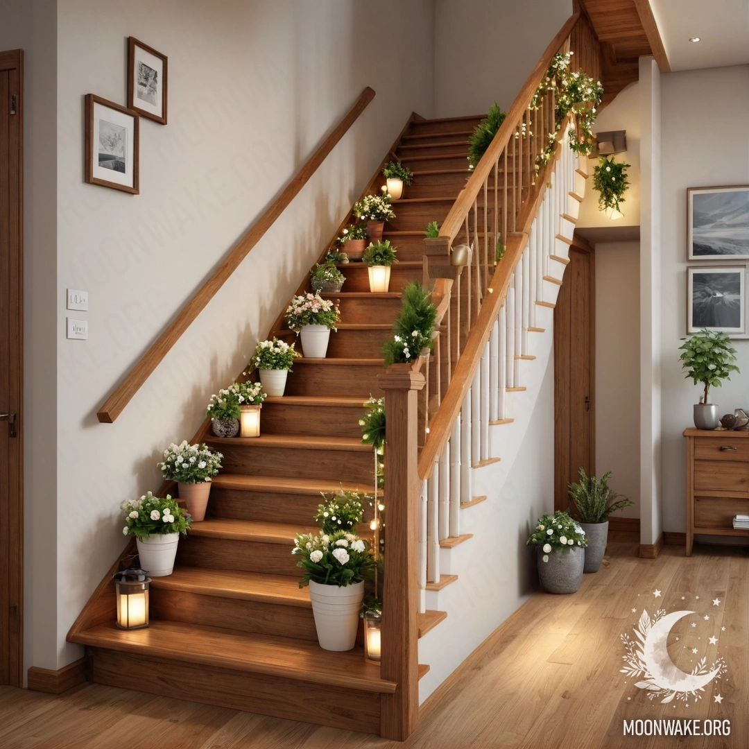A wooden staircase adorned with flowerpots and fairy lights.
