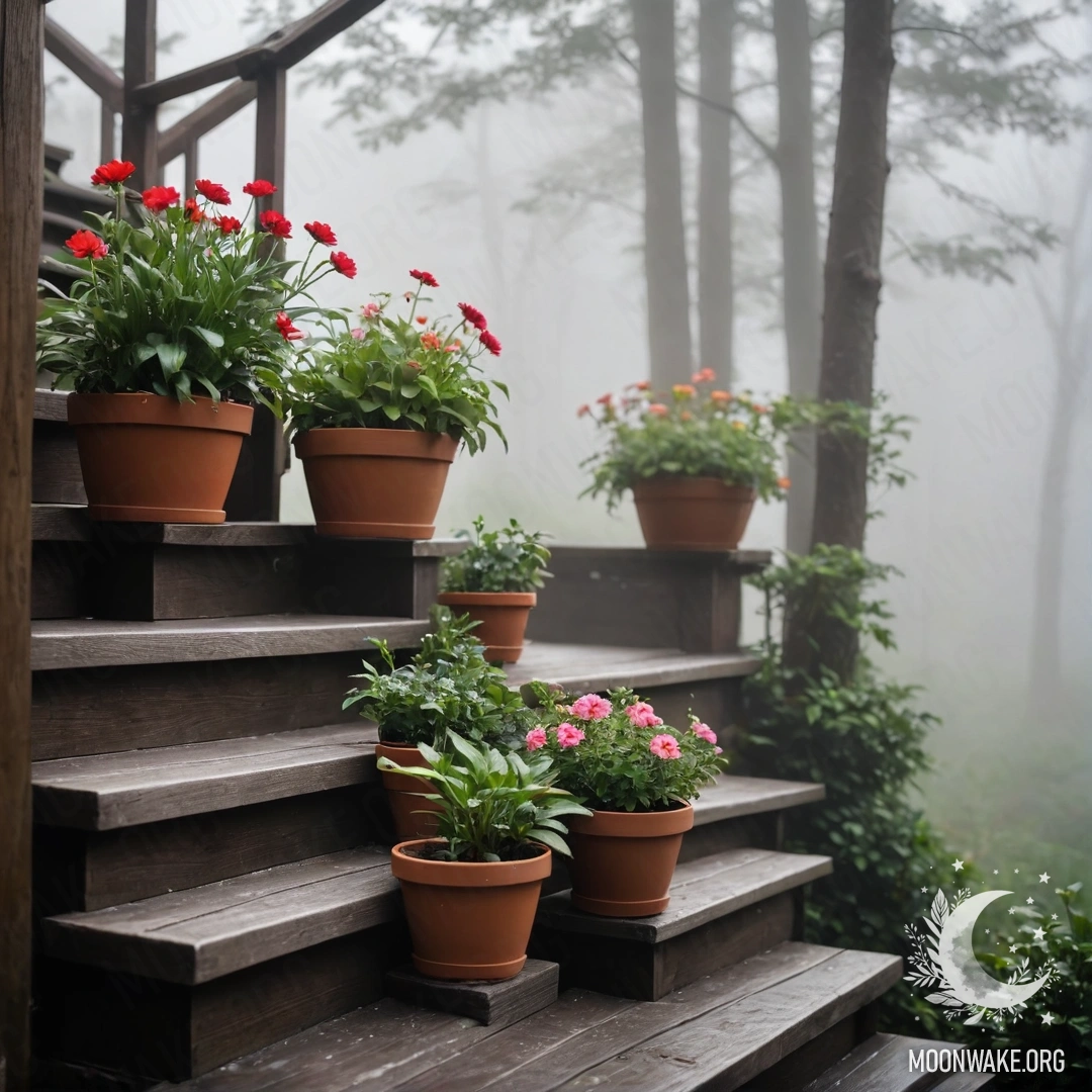 A wooden staircase adorned with flowerpots shrouded in dense fog.