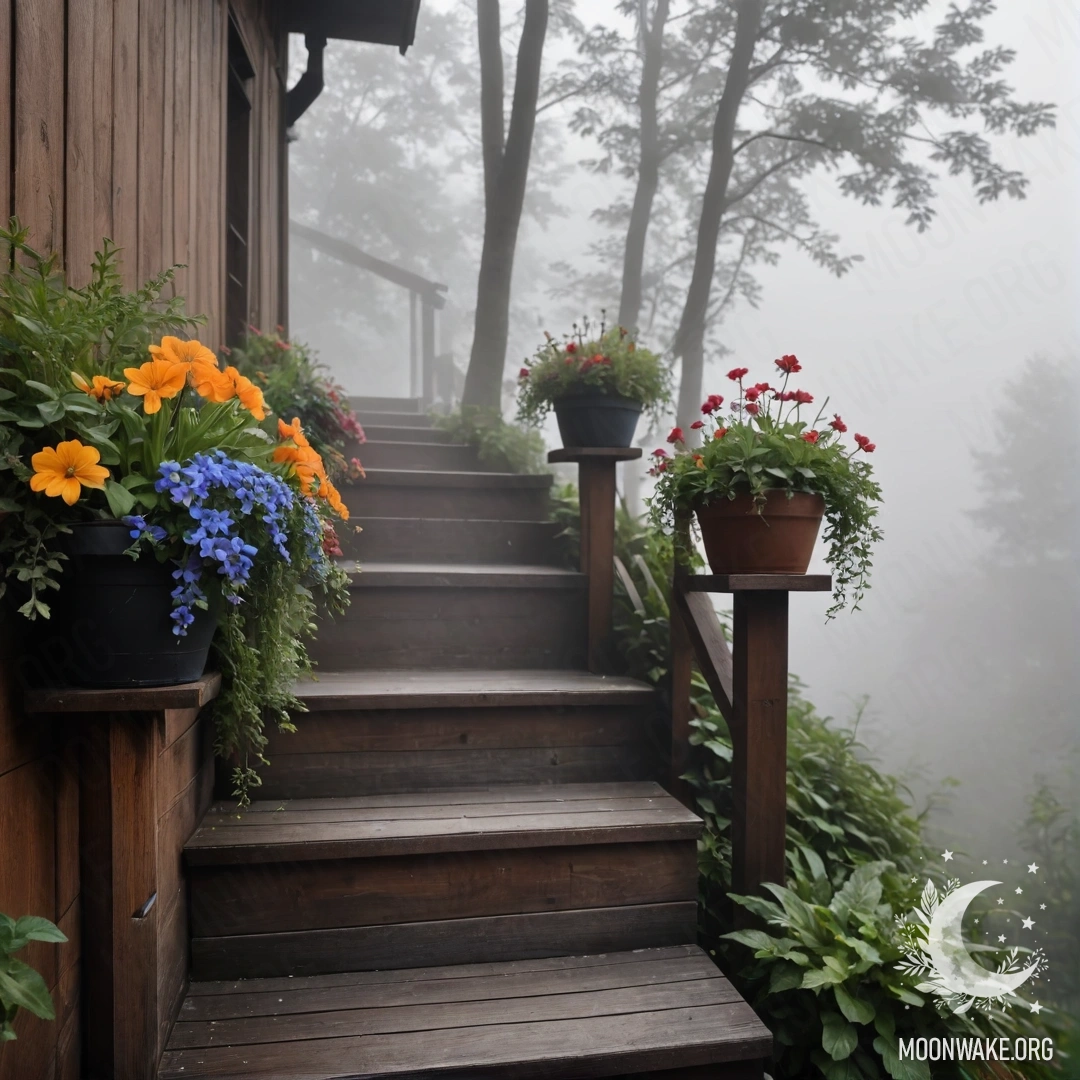 Cozy Flowerpots on a Wooden Staircase in the Fog A misty wooden staircase adorned with pots of flowers in heavy fog.