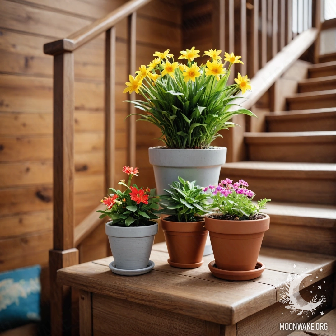 Cozy Flowerpots on Wooden Staircase A wooden staircase adorned with flowerpots, creating a cozy atmosphere.