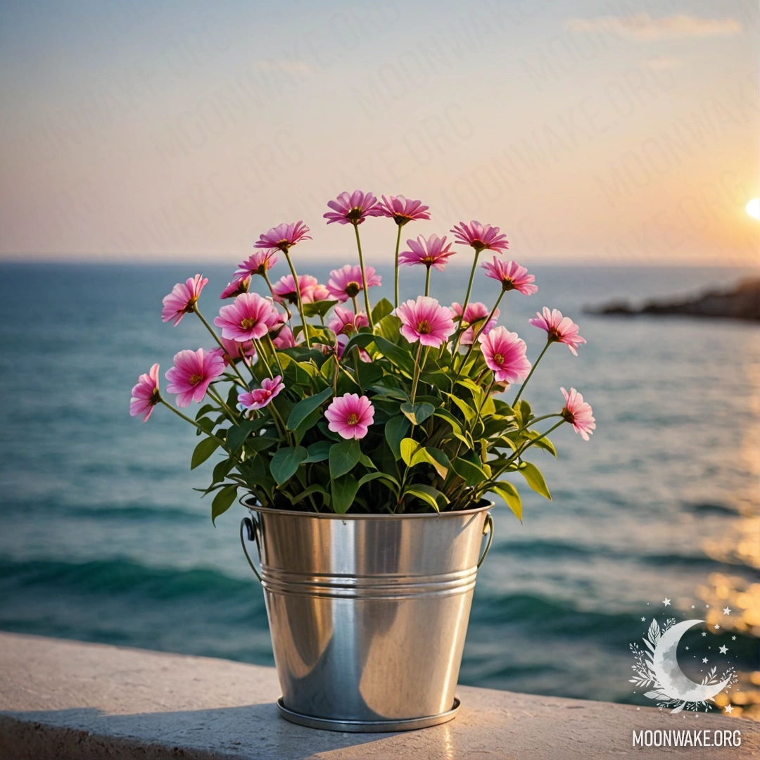 A small metal bucket filled with cozy flowers, set against a bokeh sea background adorned with garland lights.
