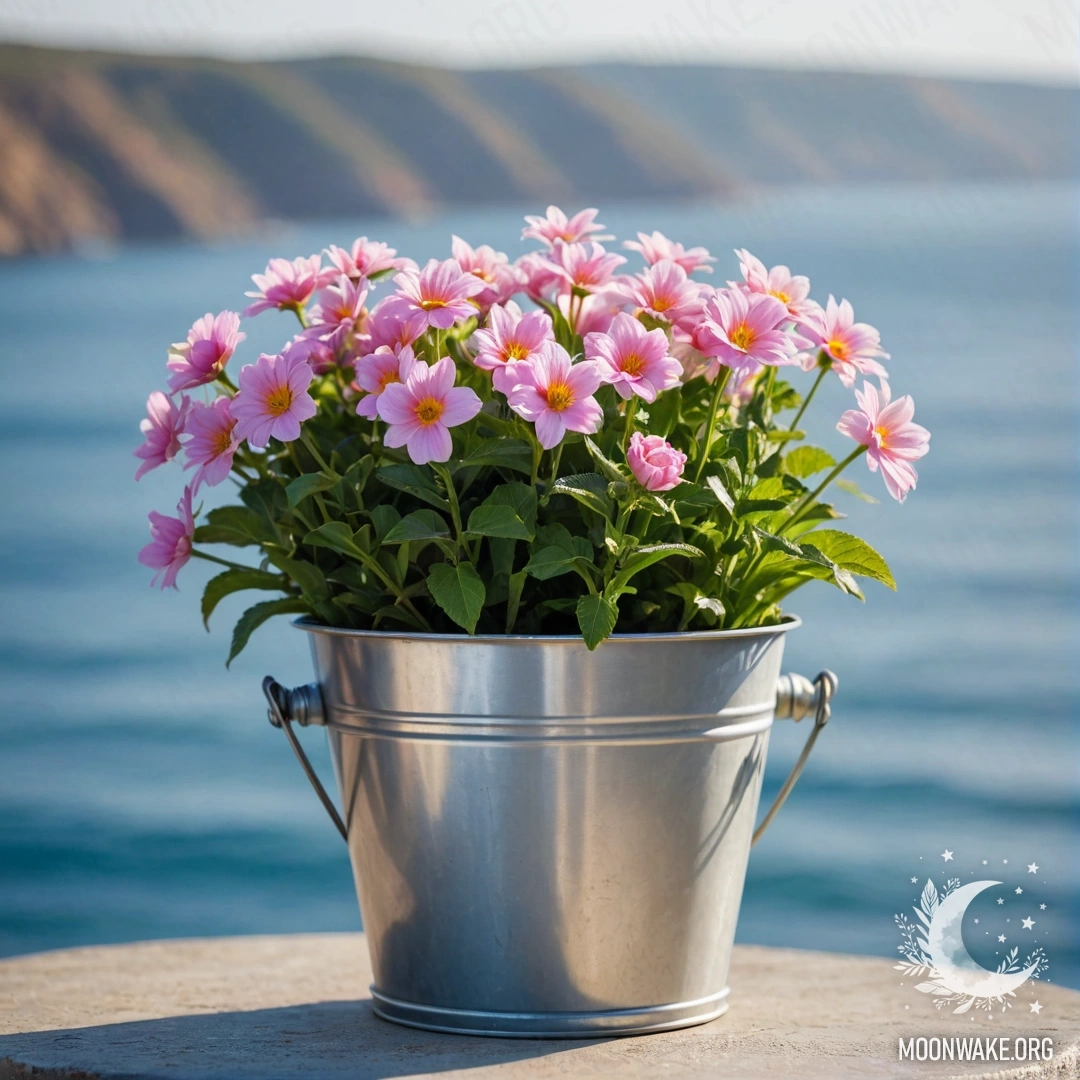 Cozy Flowers in Metal Bucket A small metal flowerpot in the shape of a bucket filled with flowers against a bokeh sea background.
