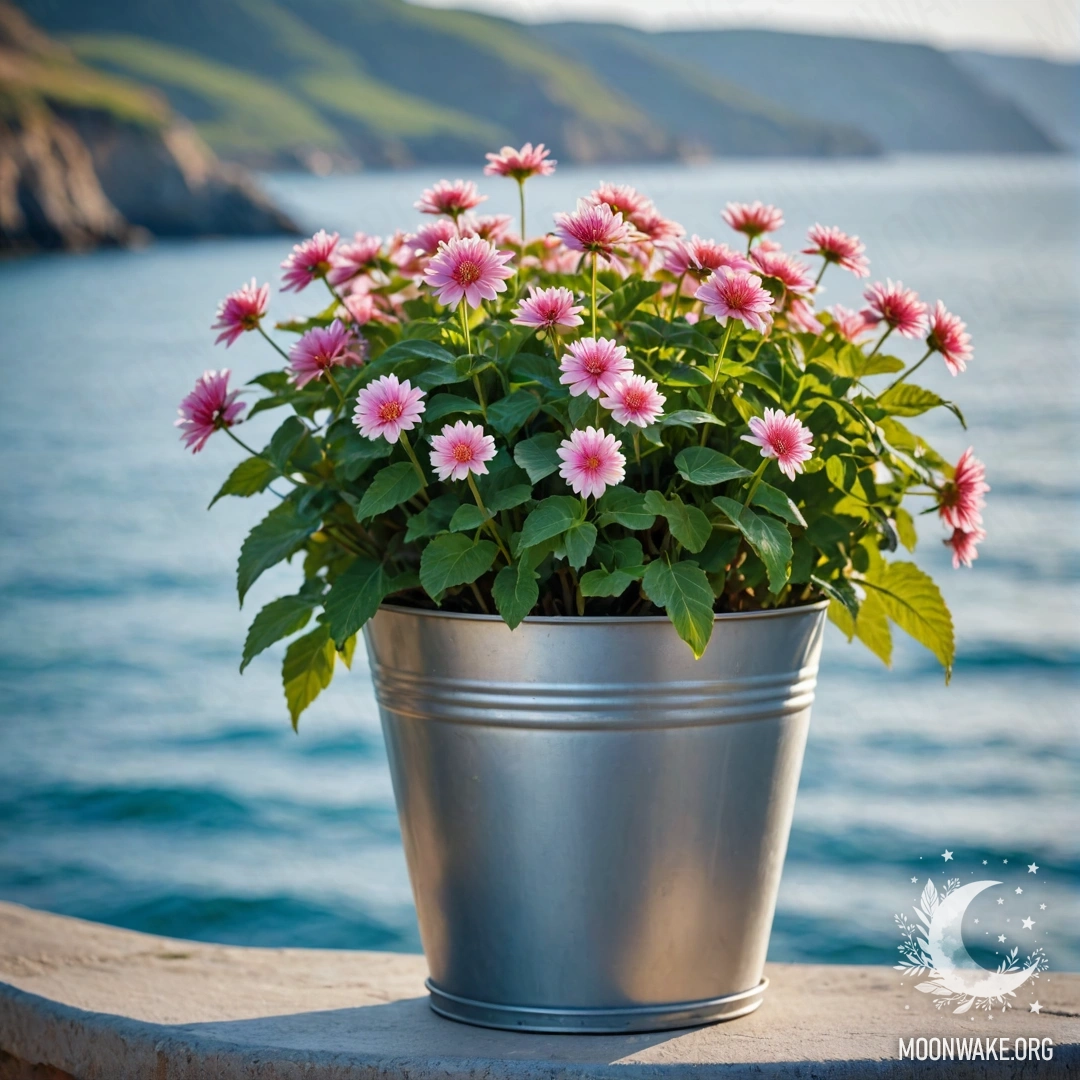 A small bucket-shaped metal flowerpot with flowers against a bokeh sea background.
