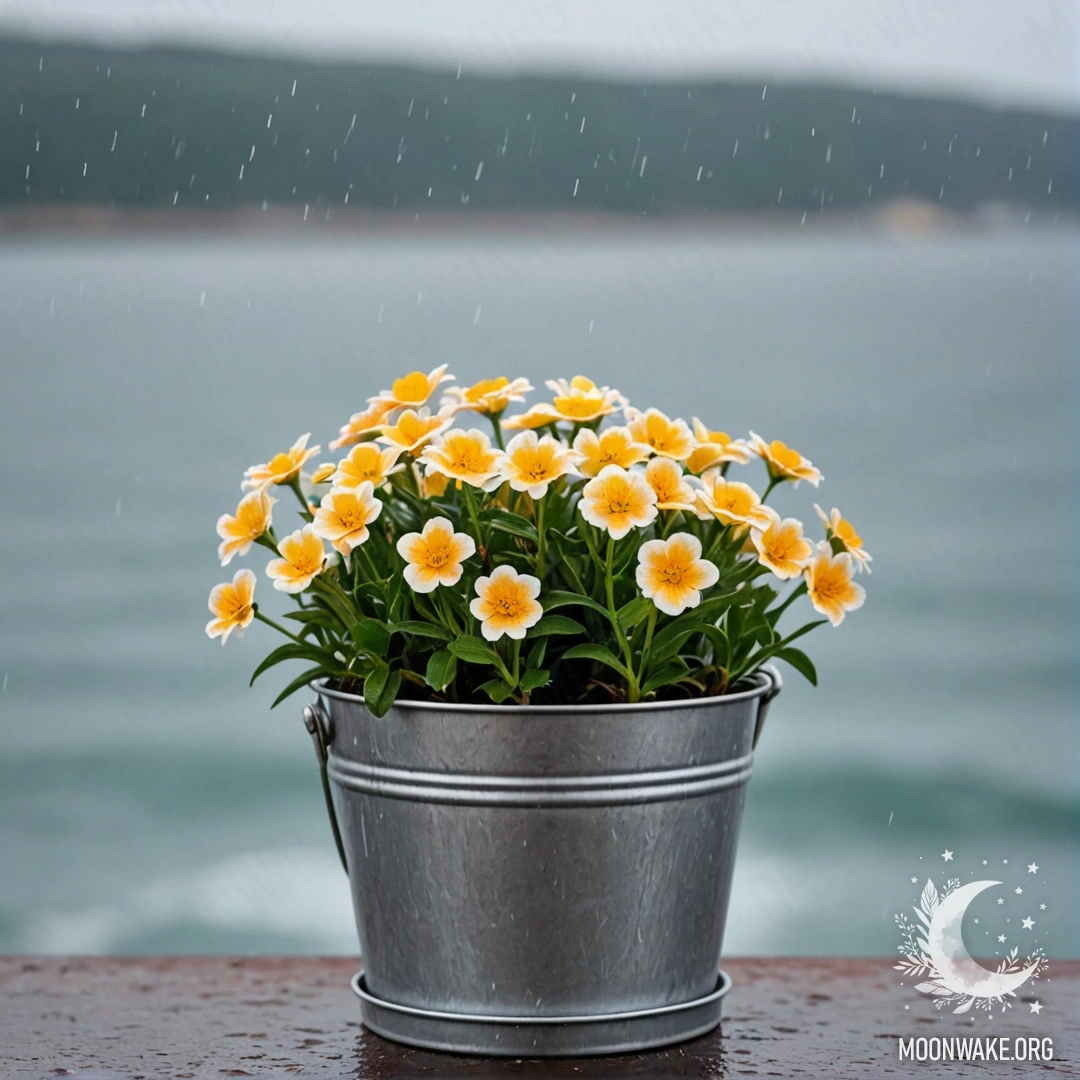 A small metal flowerpot in the shape of a bucket with flowers, set against a blurred sea background in the rain.