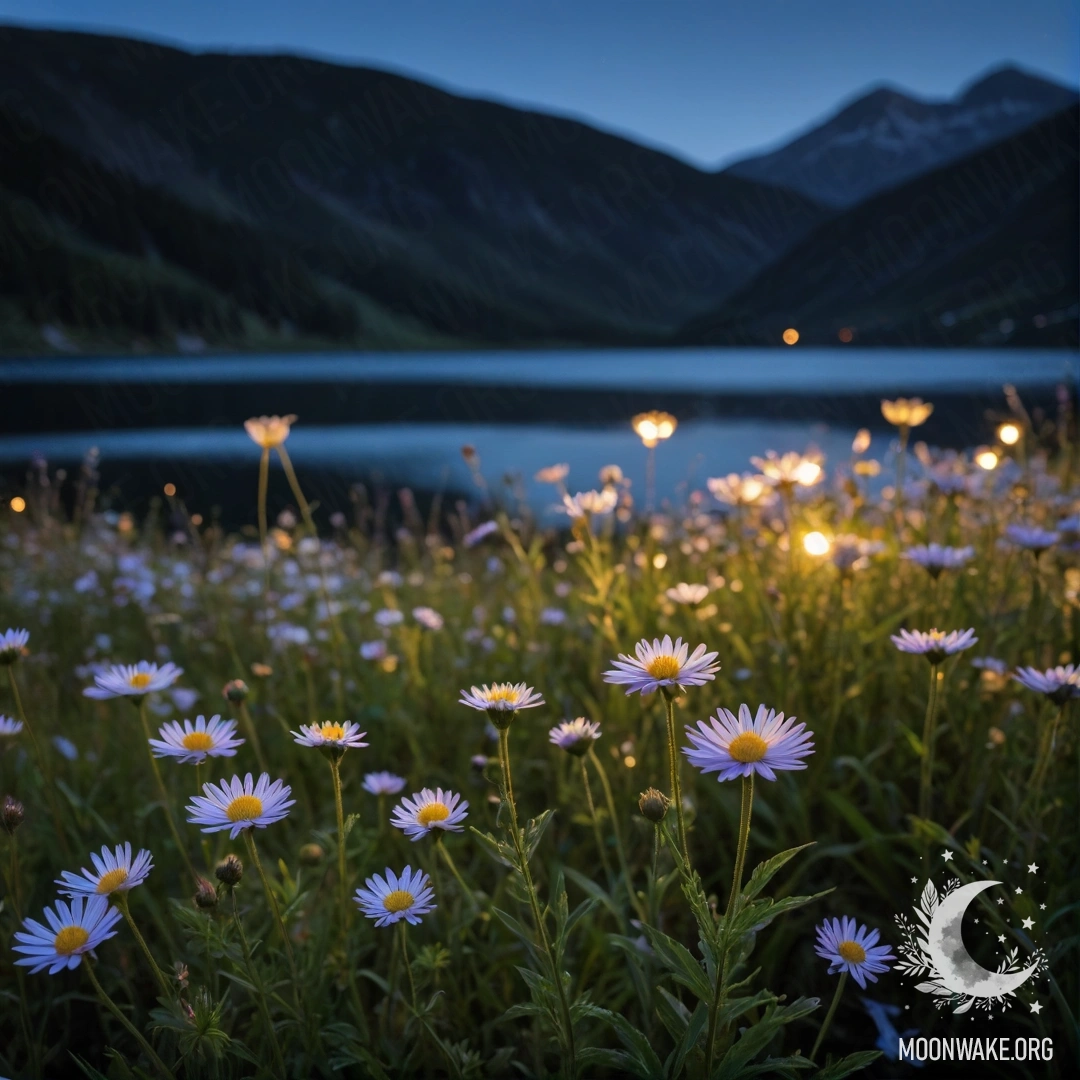 Cozy Flowers at Mountain Lake Night Close-up of cozy field flowers with a blurry mountain lake at night.