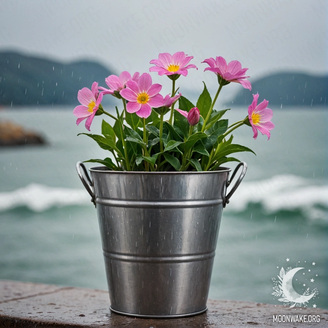 A small bucket-shaped metal flowerpot with cozy flowers, set against a blurred sea background during rain.
