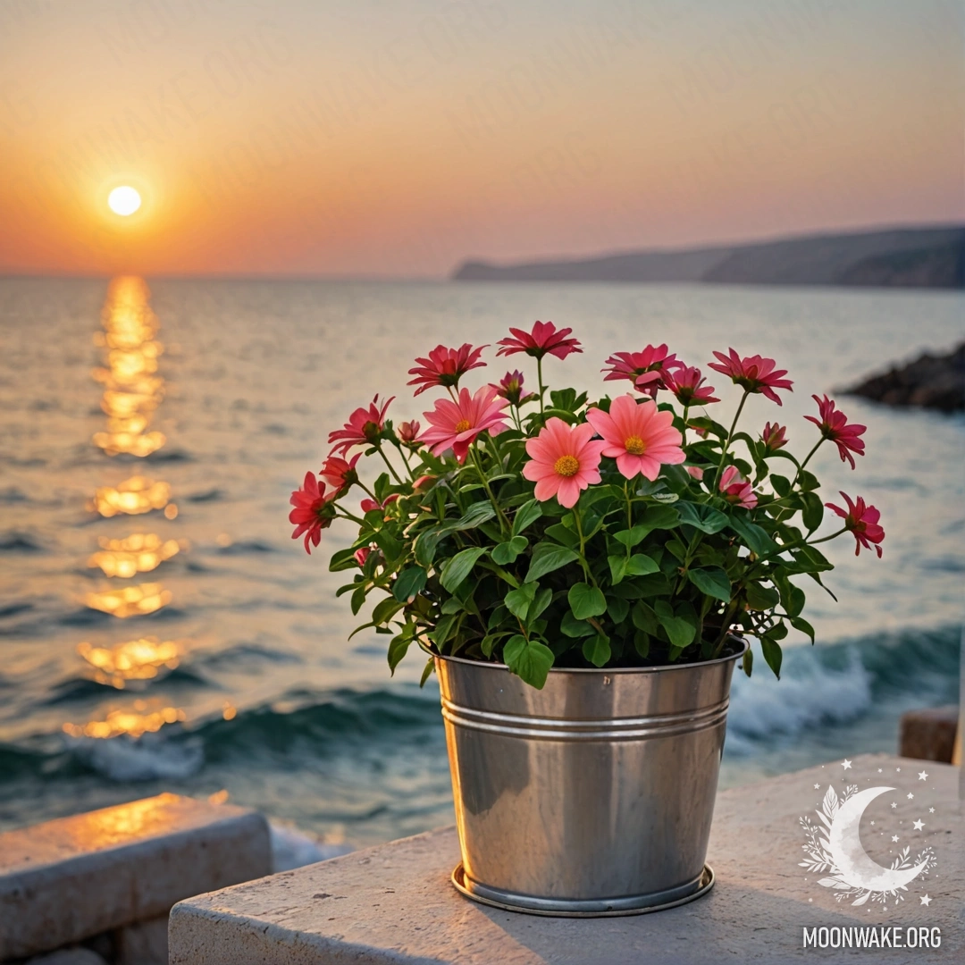 Cozy flowers in a metal flowerpot shaped like a small bucket against a blurred sea background at sunset.