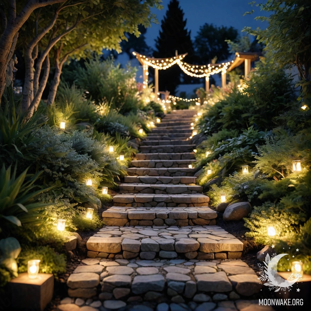 A cozy garden path made of stones with a wooden staircase illuminated by light garlands at night.