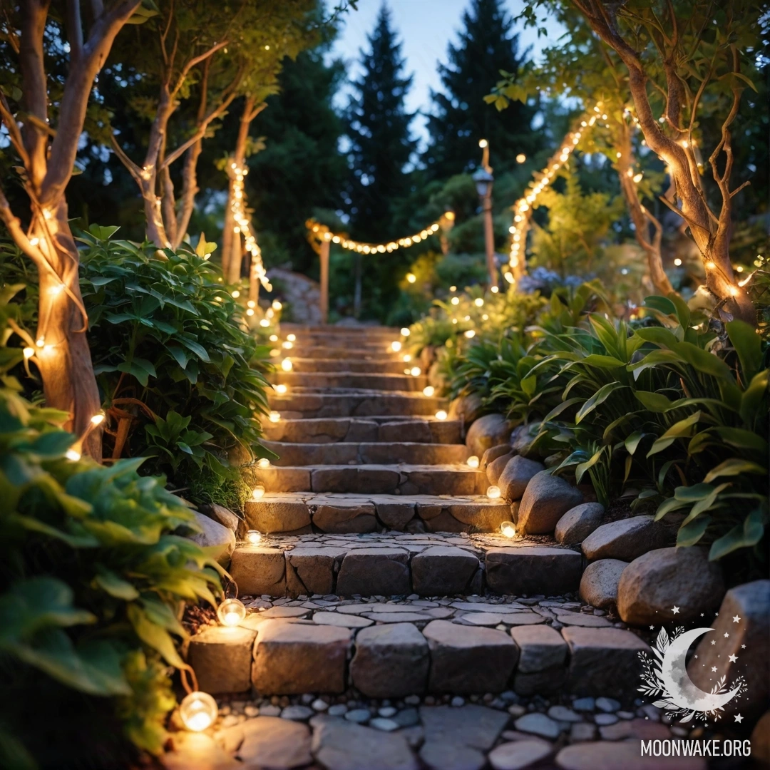 A picturesque garden adorned with light garlands, featuring a stone path and wooden staircase during sunset.
