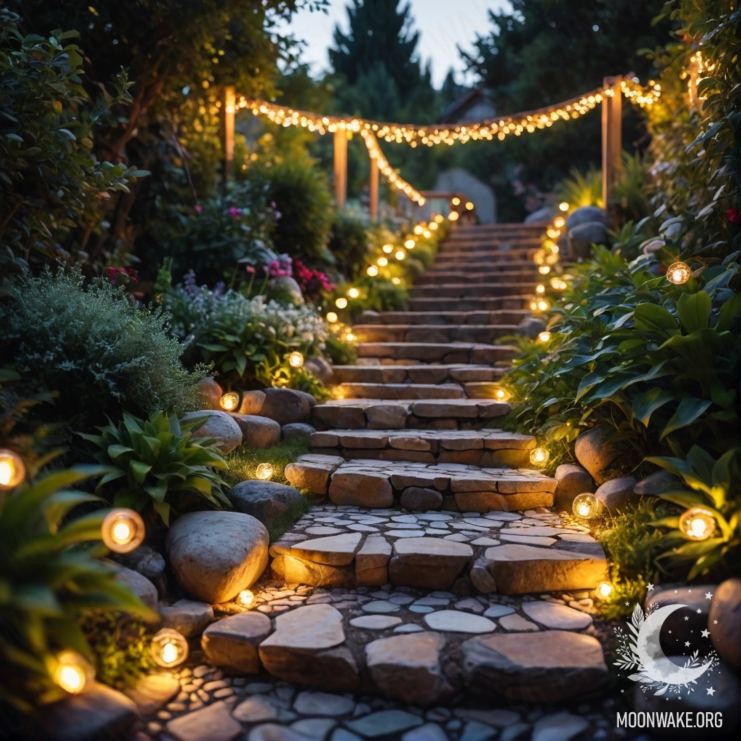 Cozy Garden at Sunset A cozy garden adorned with light garlands, stones path and wooden staircase at sunset.