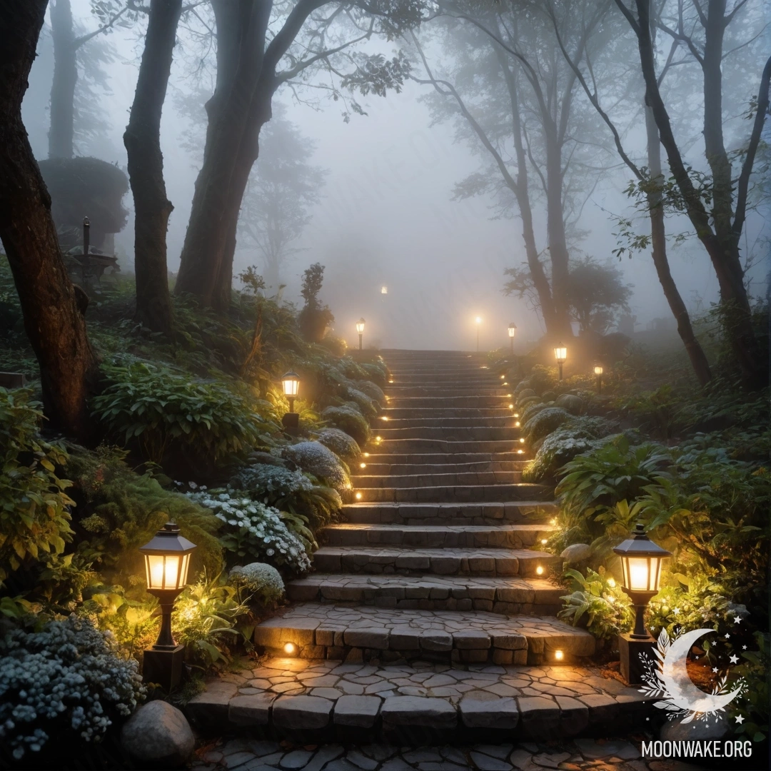 A serene garden path with stone steps and light garlands in heavy fog.