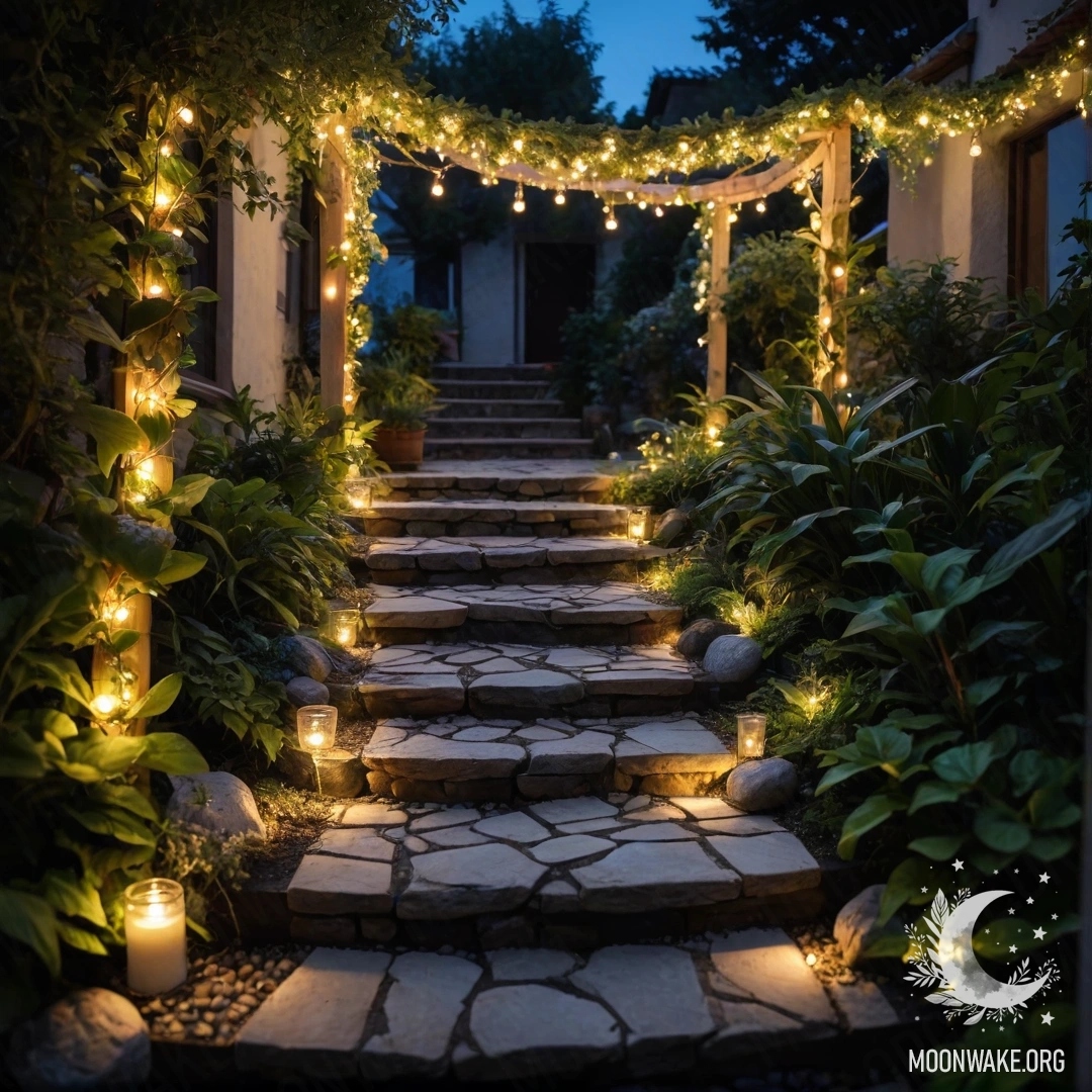 Cozy Garden at Night with Fairy Lights A cozy garden path lined with stones, a wooden staircase, and illuminated by fairy lights at night.