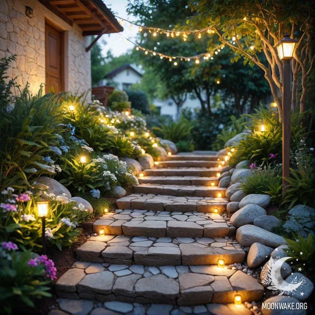 A picturesque garden path adorned with light garlands and a wooden staircase under sun rays.