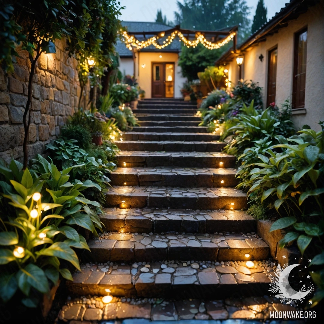 A picturesque garden path with stone paving and a wooden staircase adorned with light garlands, set against a rainy backdrop.