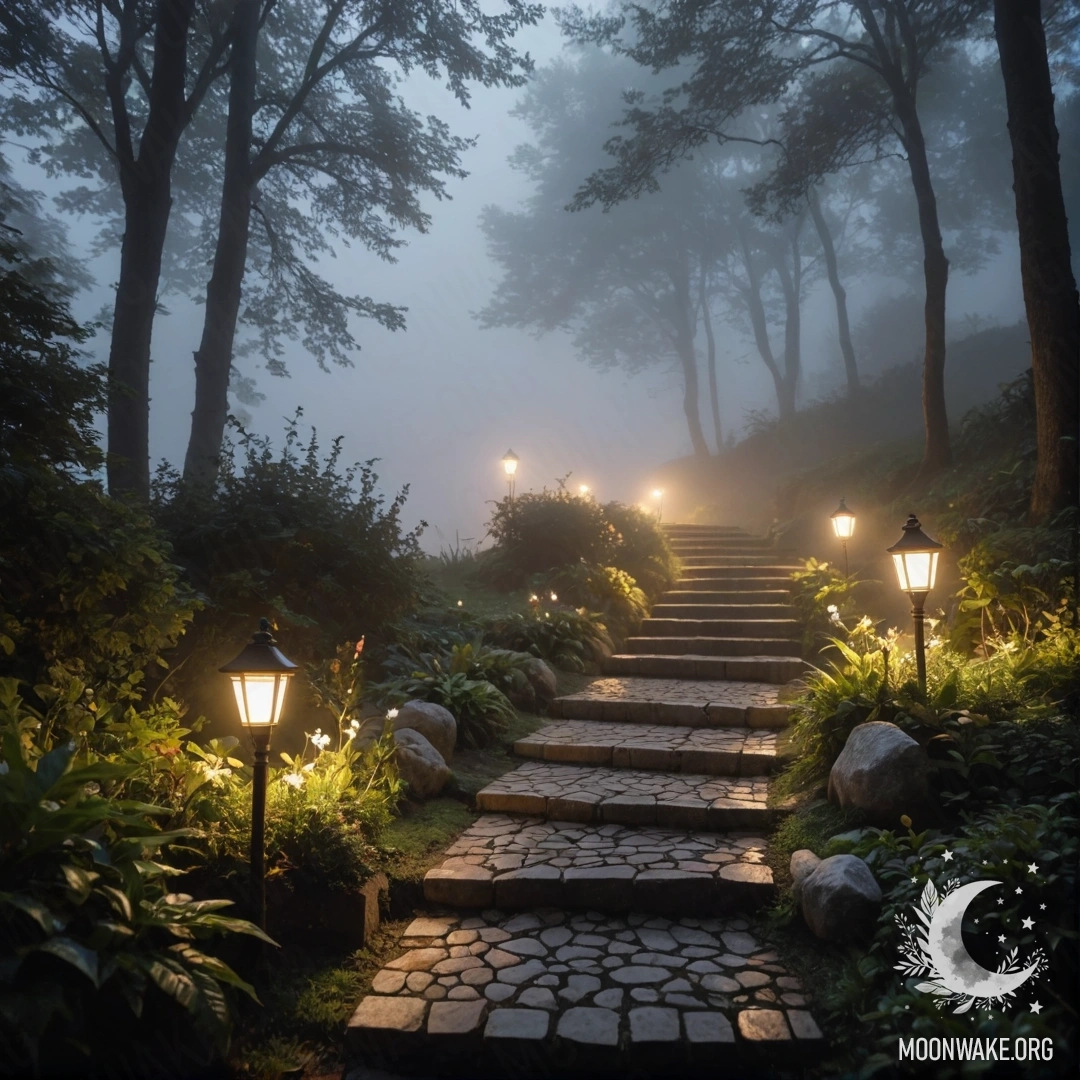 Cozy Garden Path with Twinkling Lights A serene garden scene featuring a stone path and wooden staircase decorated with light garlands in dense fog.