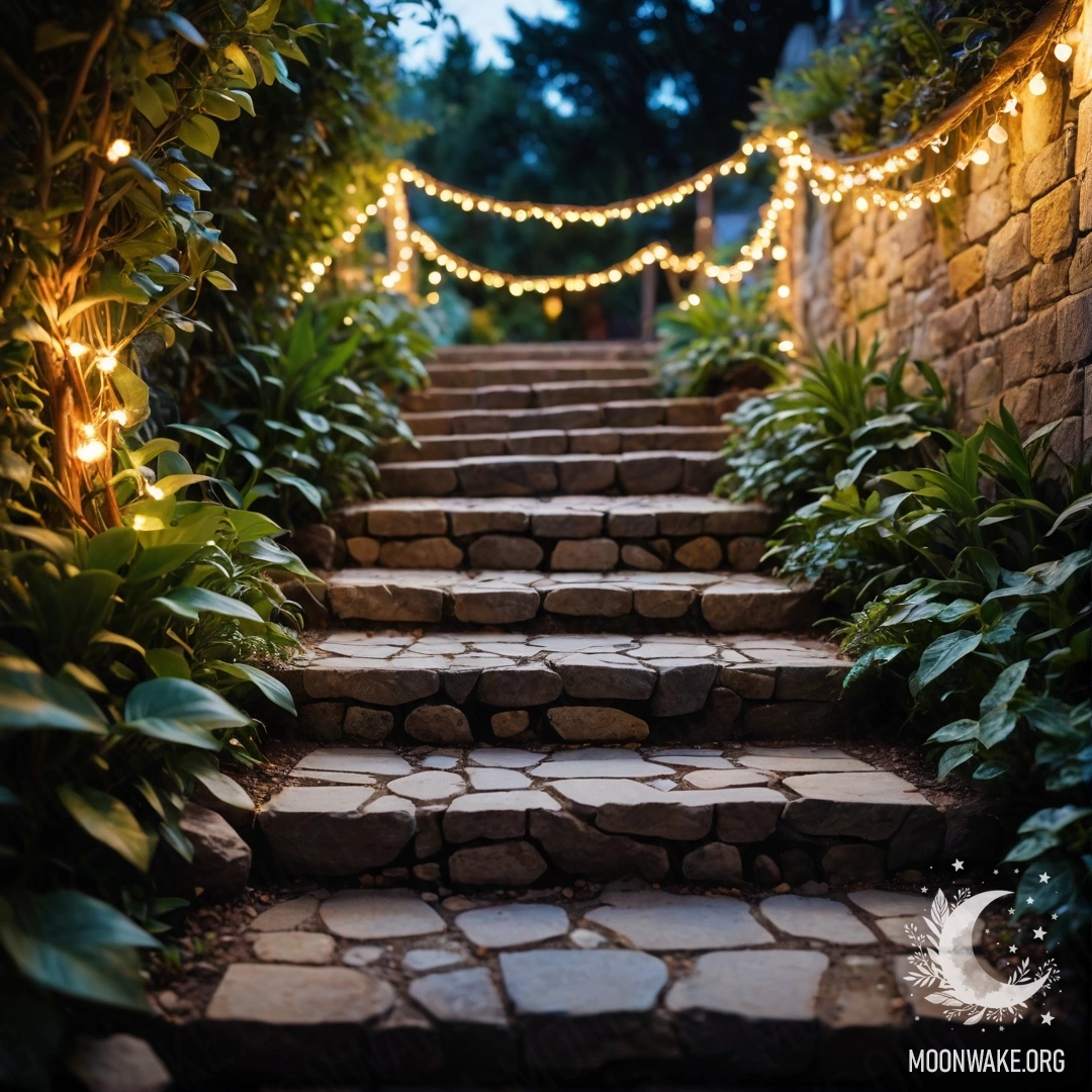 A cozy garden with a stone pathway and wooden staircase decorated with light garlands.