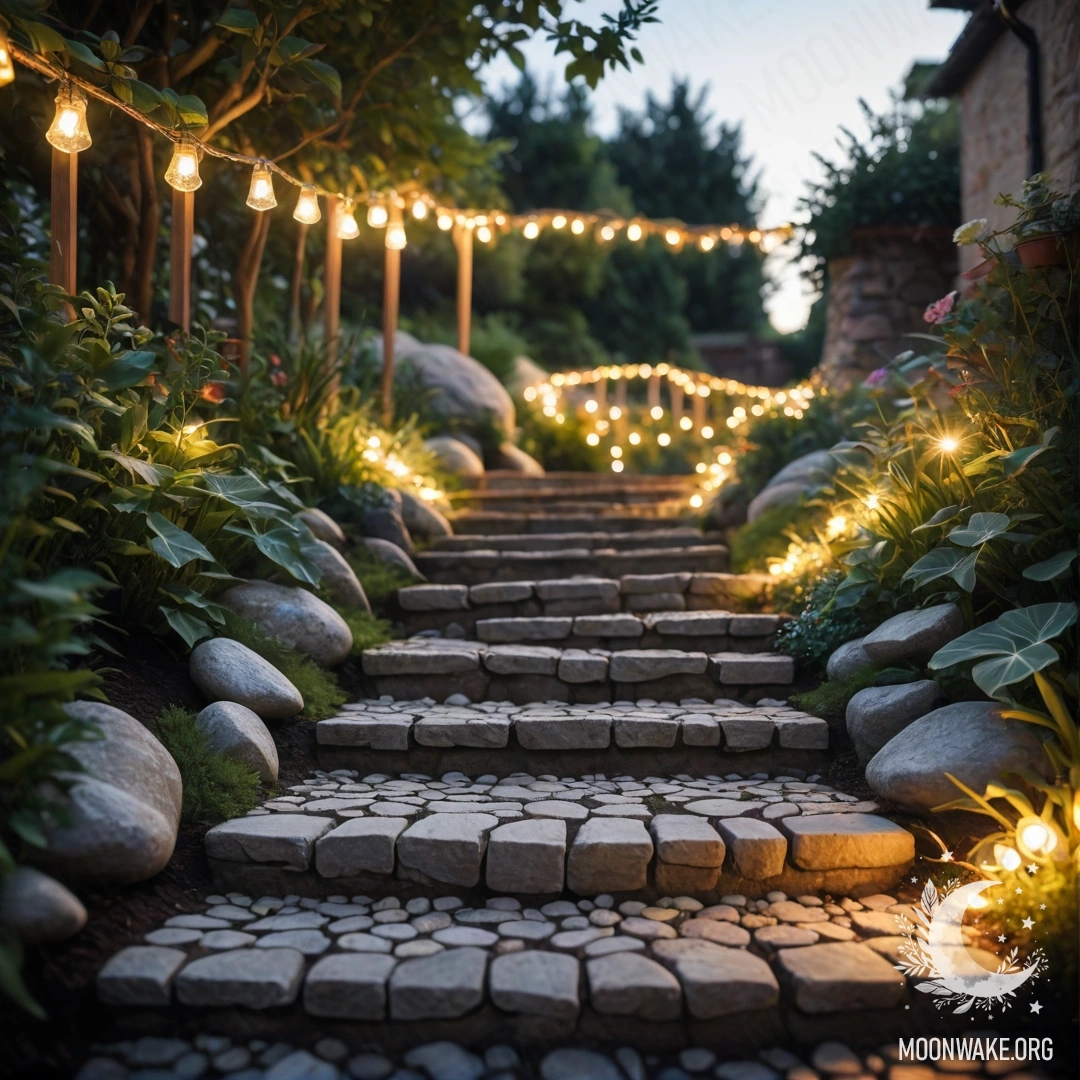 A cozy garden illuminated by light garlands, featuring a stone path and wooden staircase, bathed in sunlight.