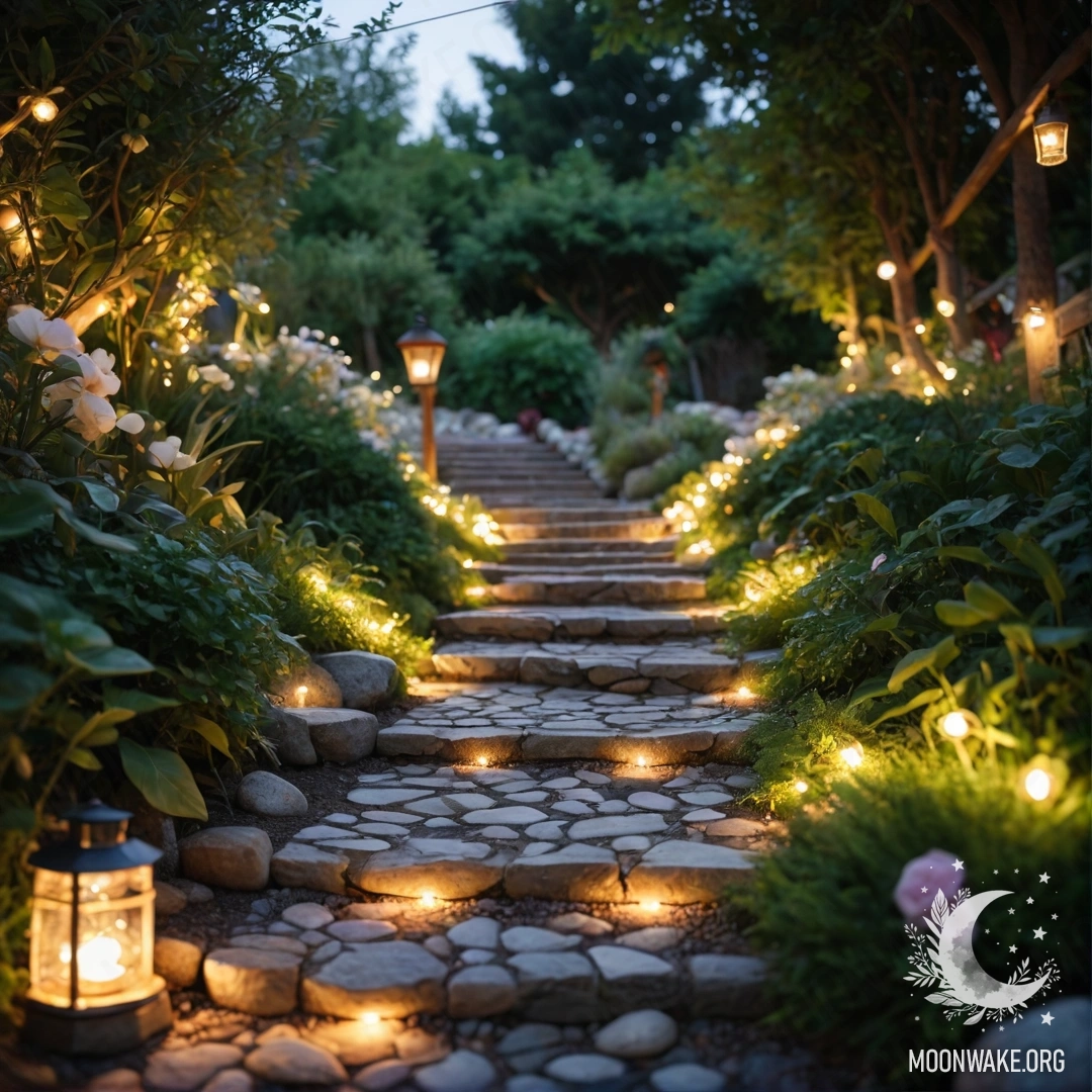 A serene garden at sunset adorned with light garlands, stone path, and wooden staircase.
