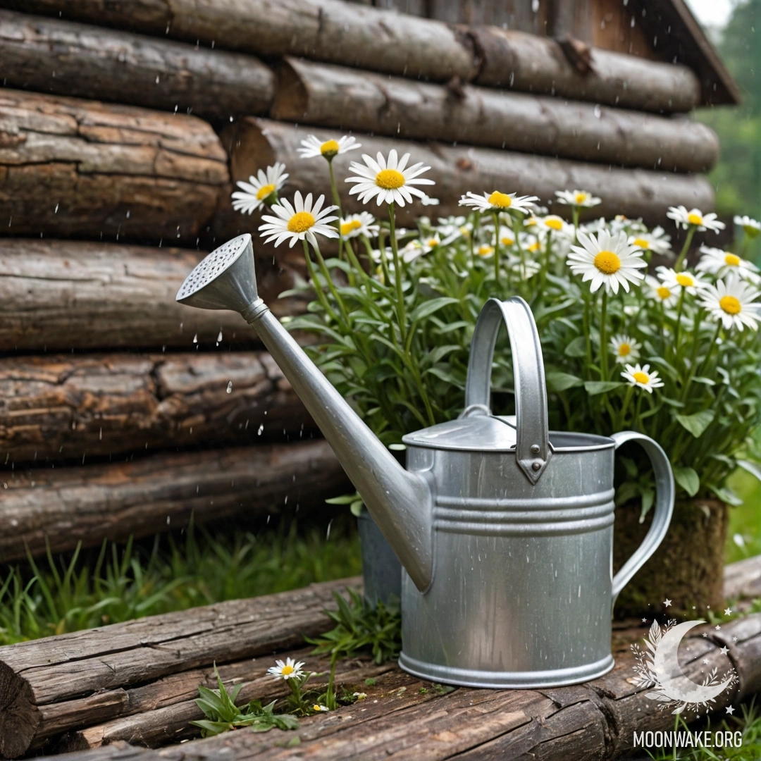 A cozy garden scene featuring a shabby vintage table with cups, a teapot, berries, a bottle of milk, and flowers basking in sunlight under a blossoming apple tree.
