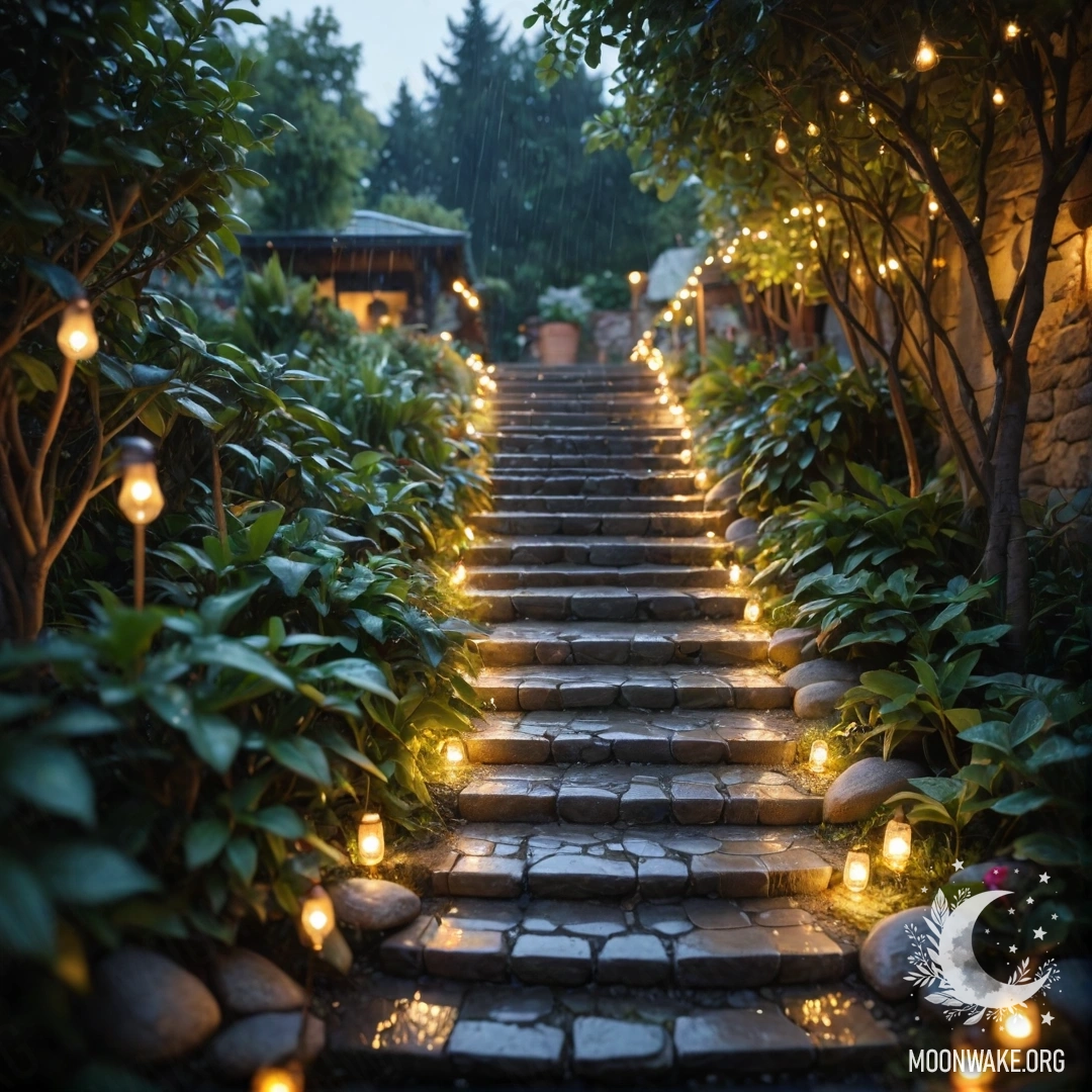 Cozy Garden Under the Rain A charming garden path with stone pavements and a wooden staircase illuminated by light garlands, under a gentle rain.