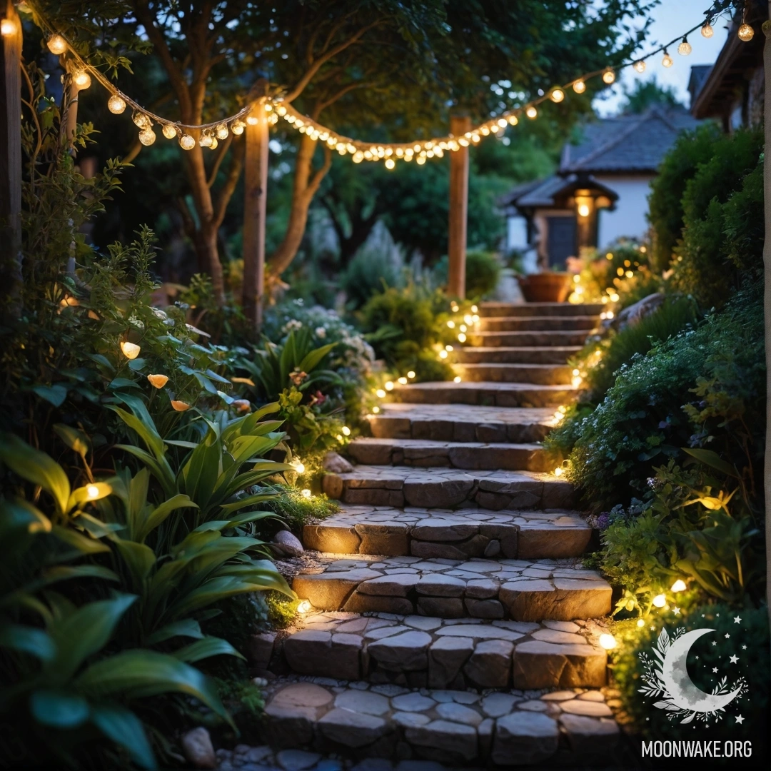 A cozy garden path adorned with light garlands and a wooden staircase.